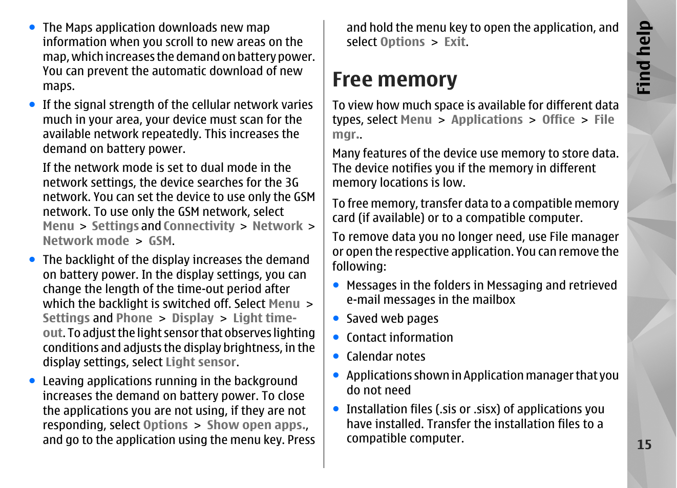 Free memory, Find hel p | Nokia N97 User Manual | Page 15 / 357