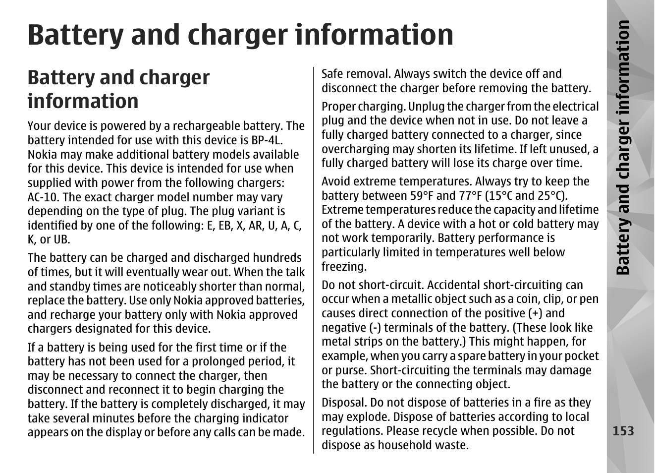 Battery and charger information | Nokia N97 User Manual | Page 153 / 357