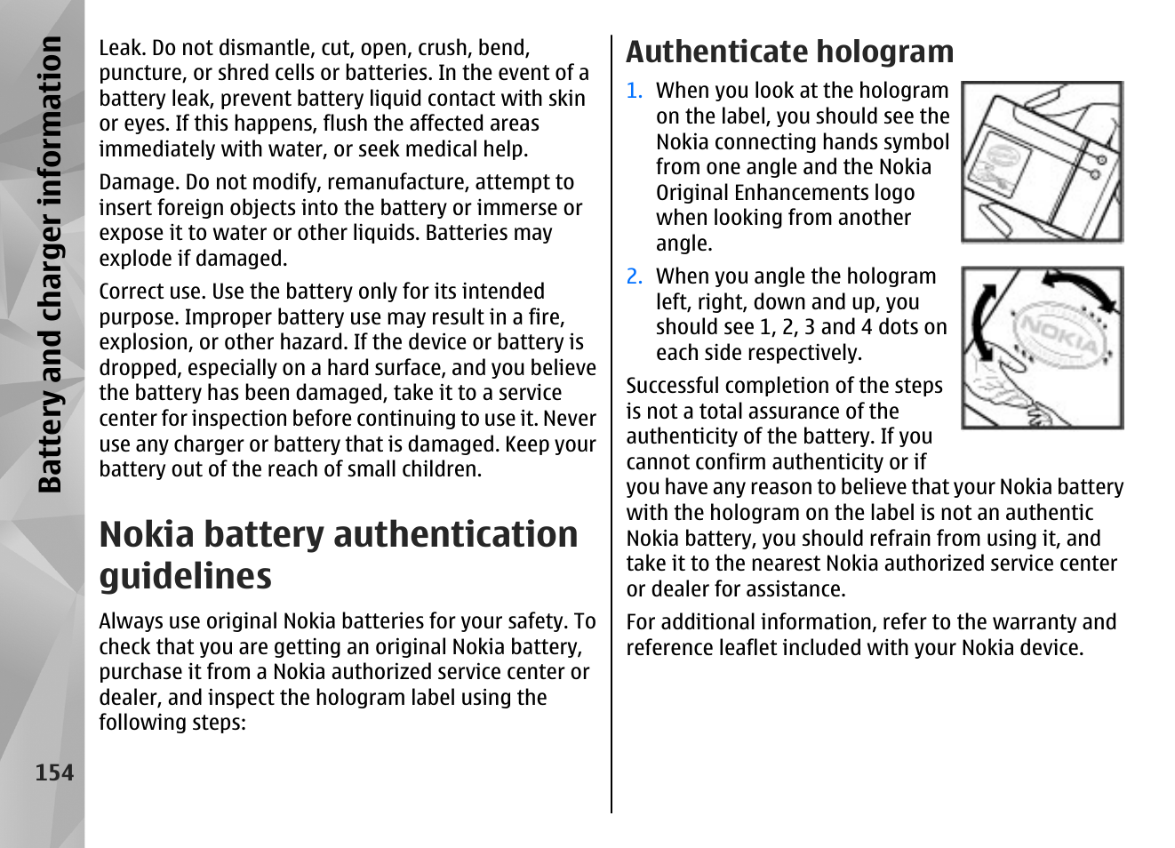 Nokia battery authentication guidelines, Authenticate hologram, Battery and charger information | Nokia N97 User Manual | Page 154 / 357