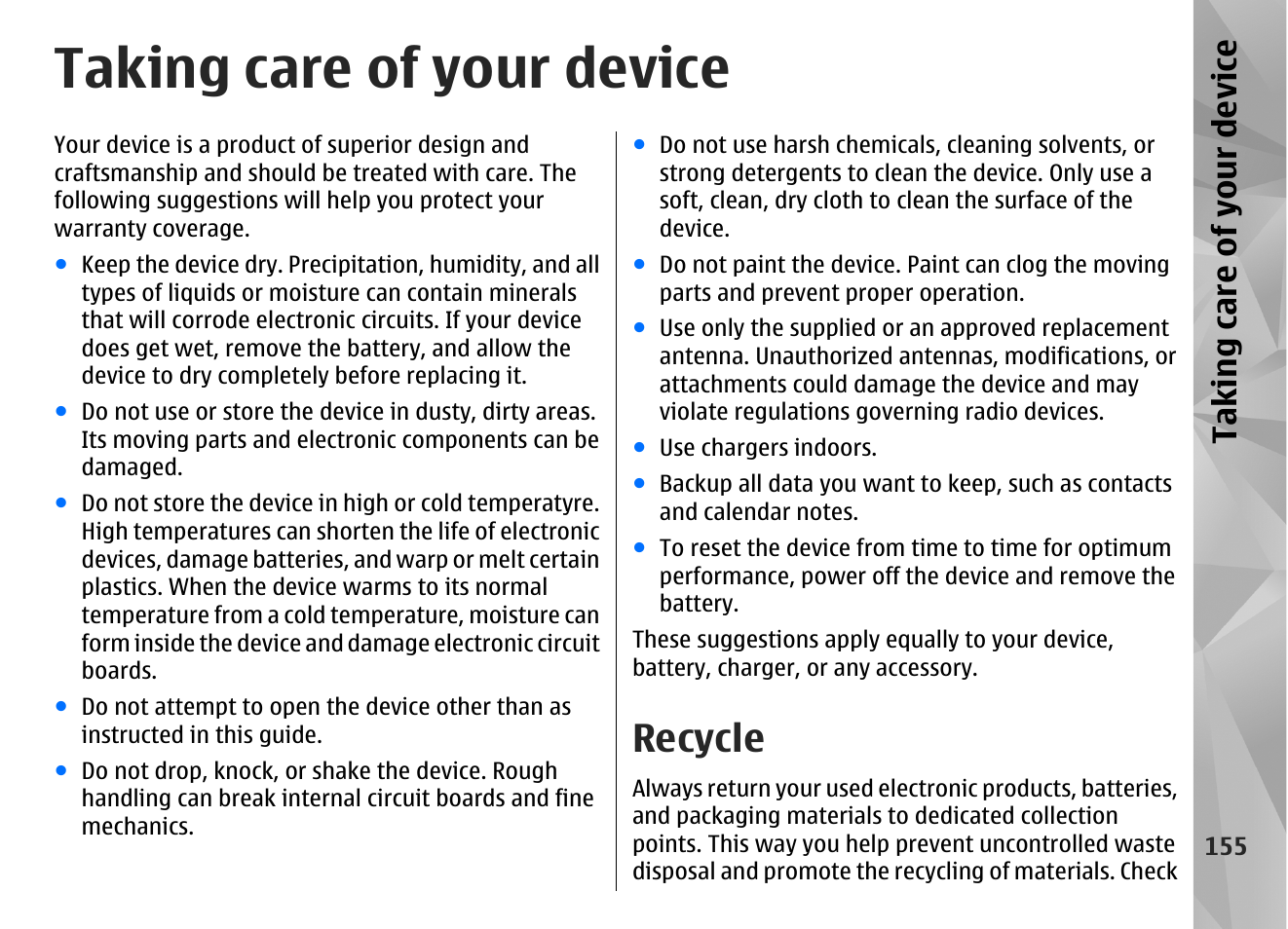 Taking care of your device, Recycle, Taking care o f your de vice | Nokia N97 User Manual | Page 155 / 357