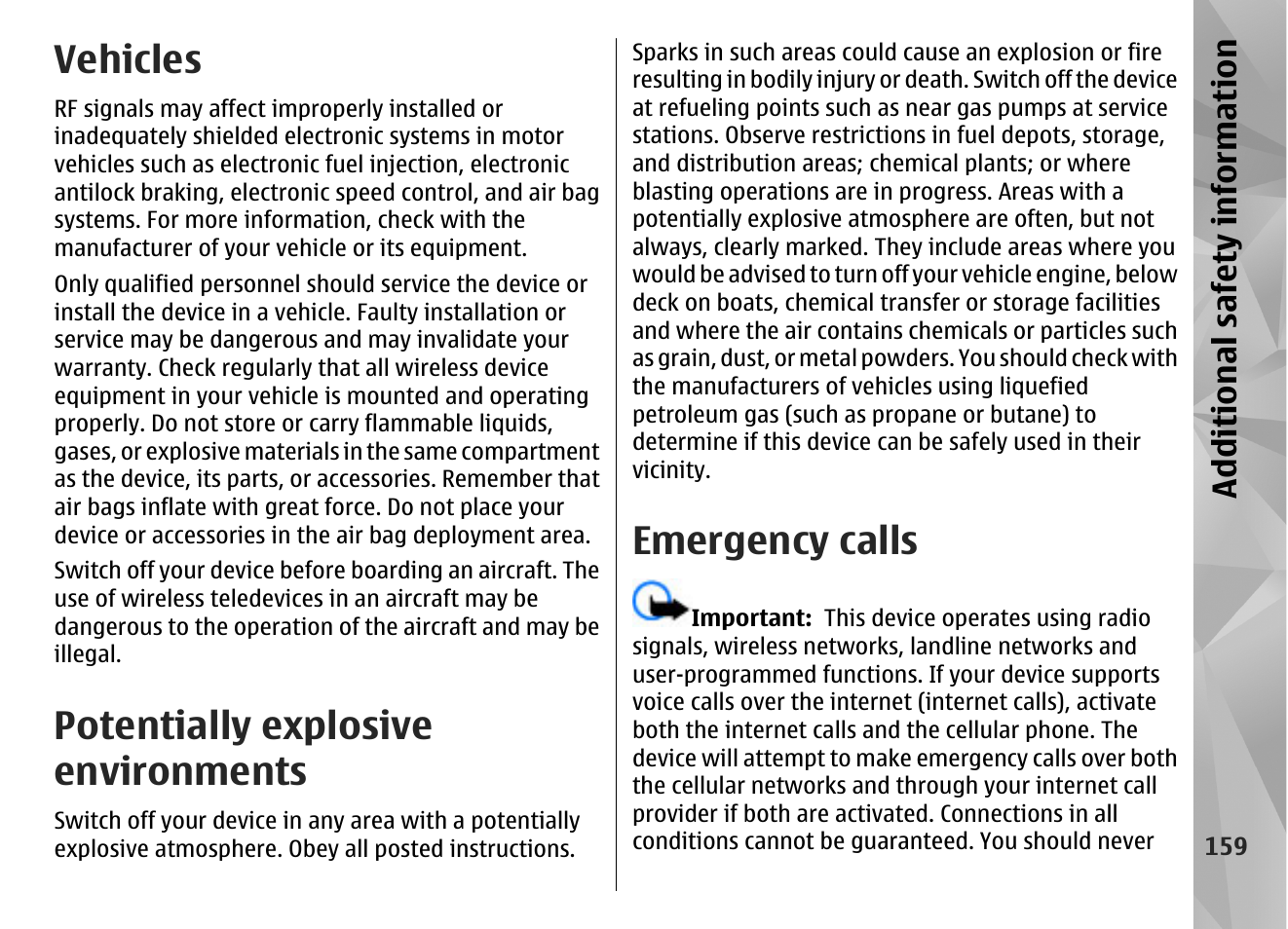 Vehicles, Potentially explosive environments, Emergency calls | Additional safety information | Nokia N97 User Manual | Page 159 / 357