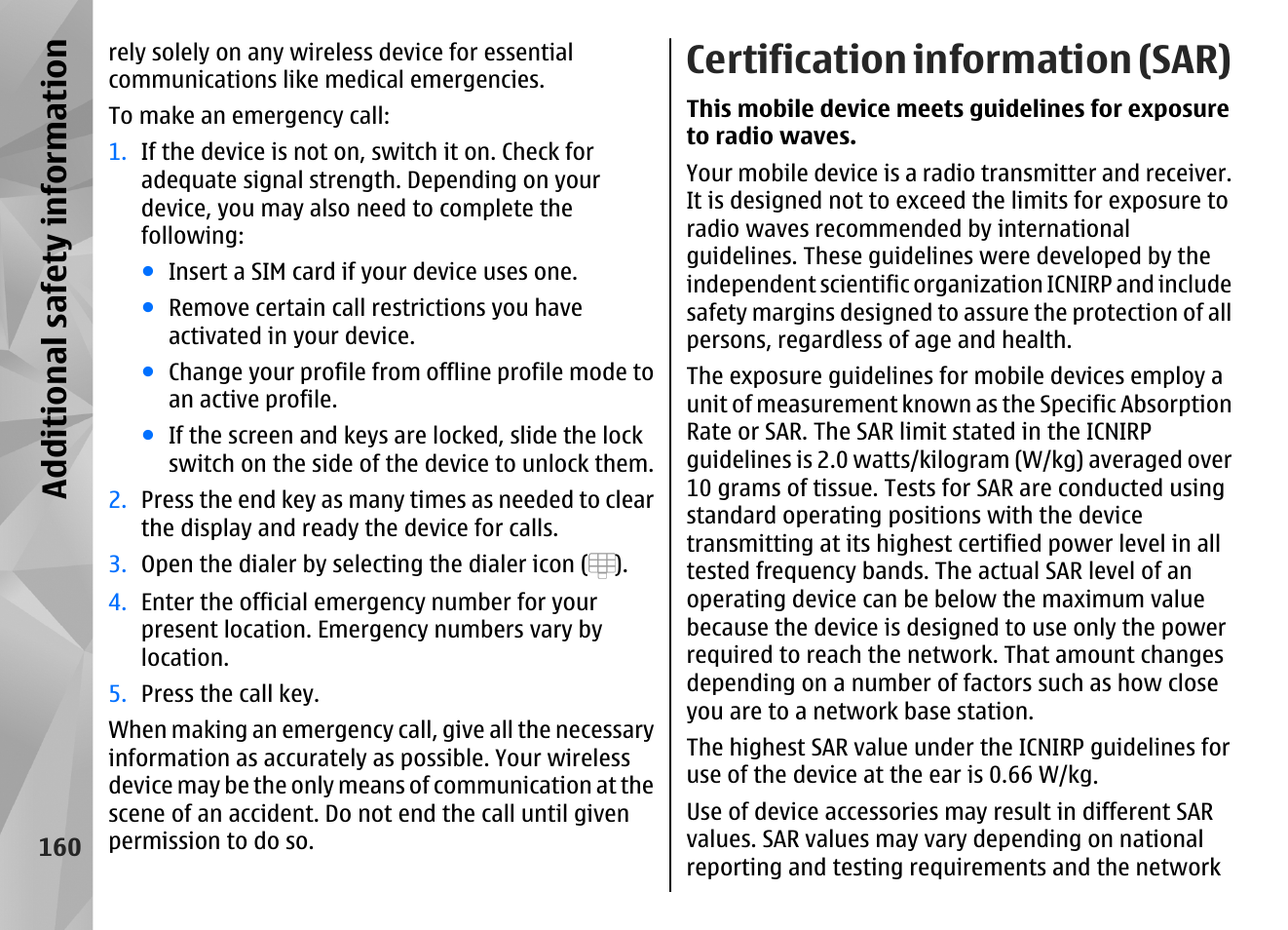 Certification information (sar), Additional safety information | Nokia N97 User Manual | Page 160 / 357