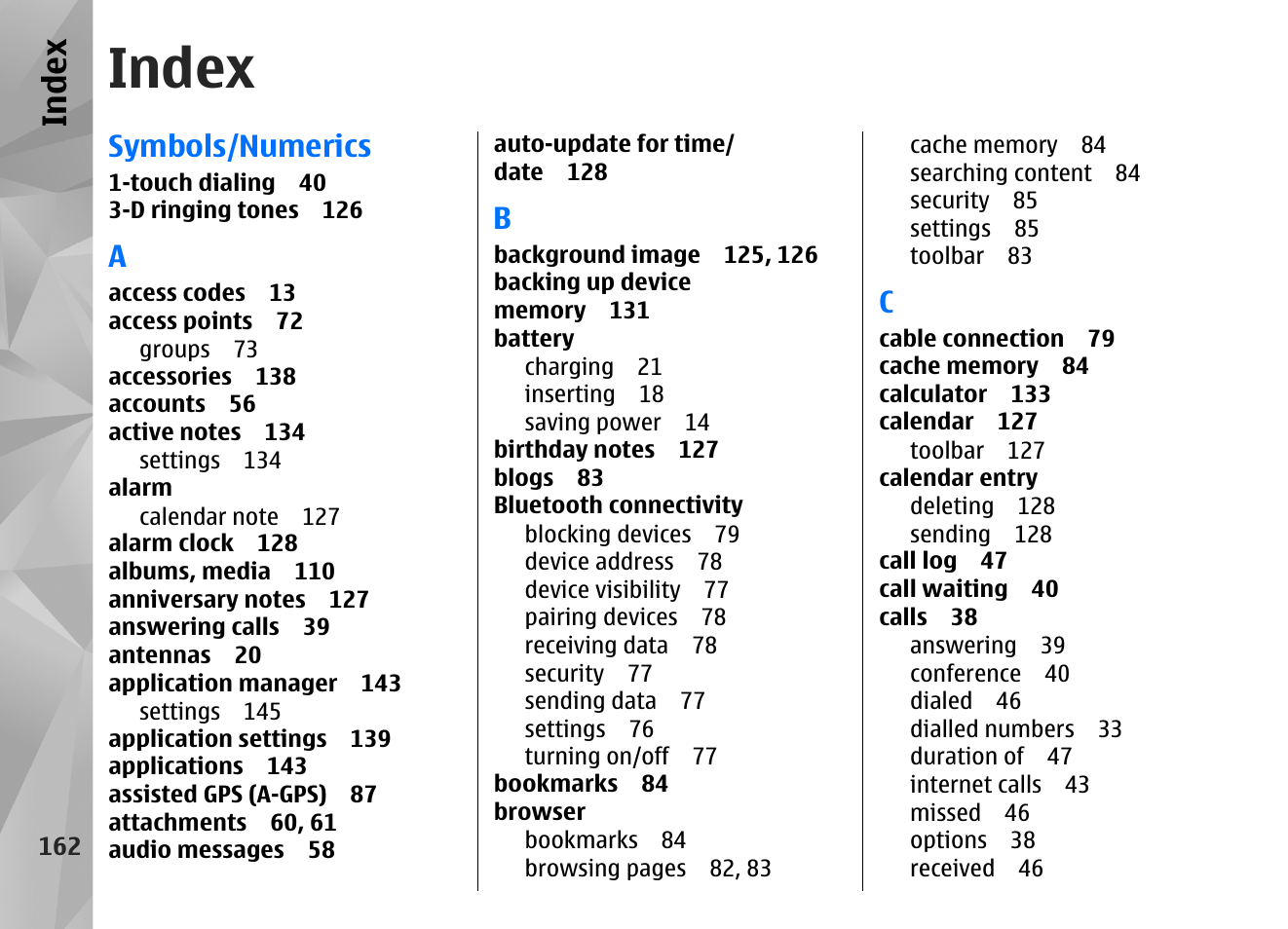 Index, Symbols/numerics | Nokia N97 User Manual | Page 162 / 357