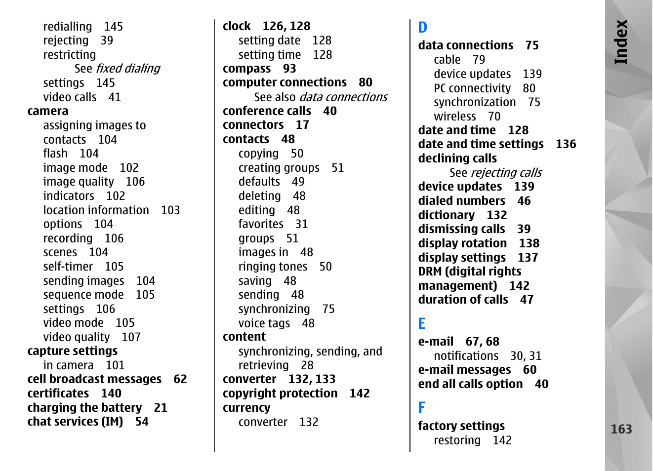 Index | Nokia N97 User Manual | Page 163 / 357