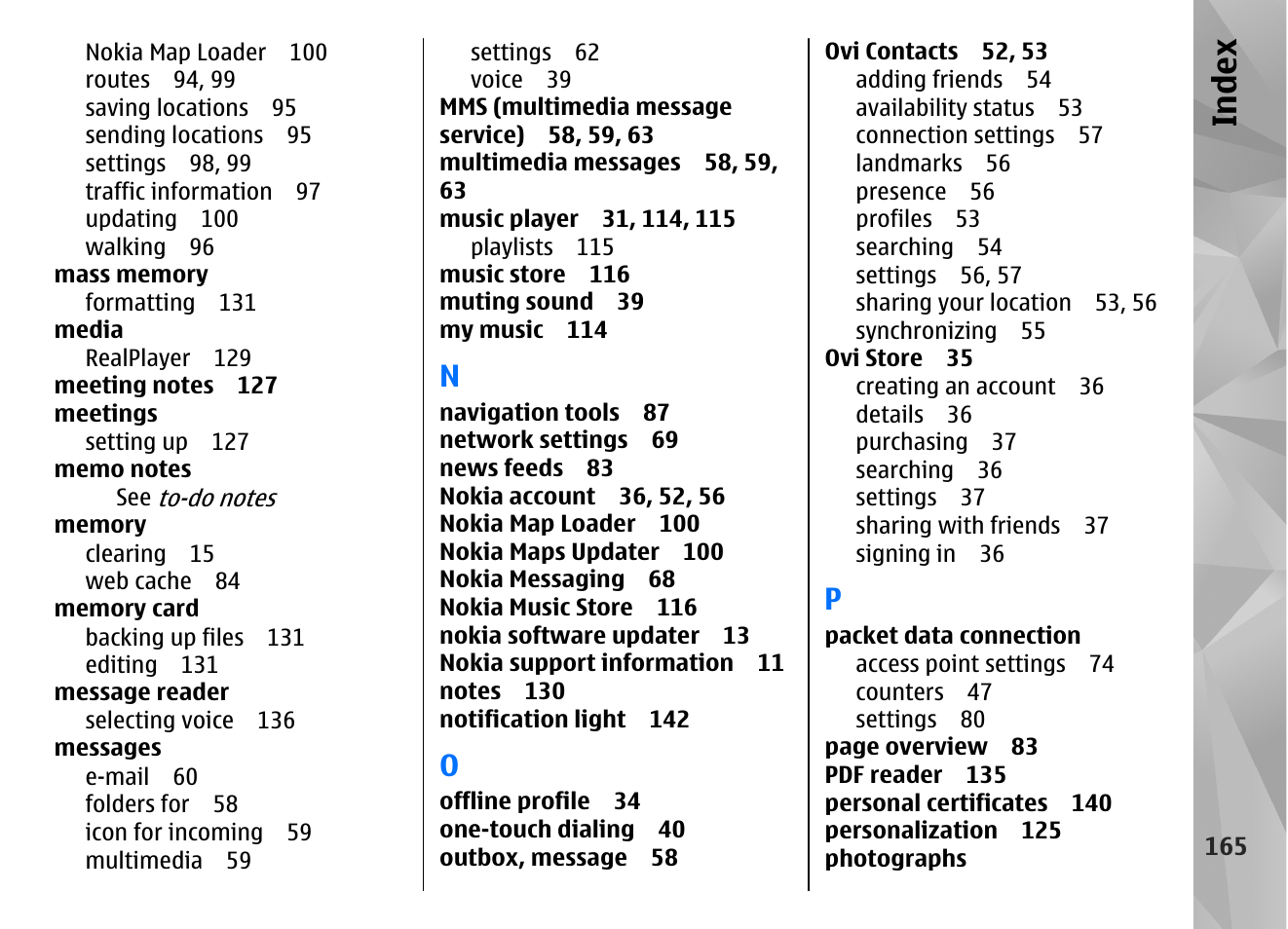 Index | Nokia N97 User Manual | Page 165 / 357
