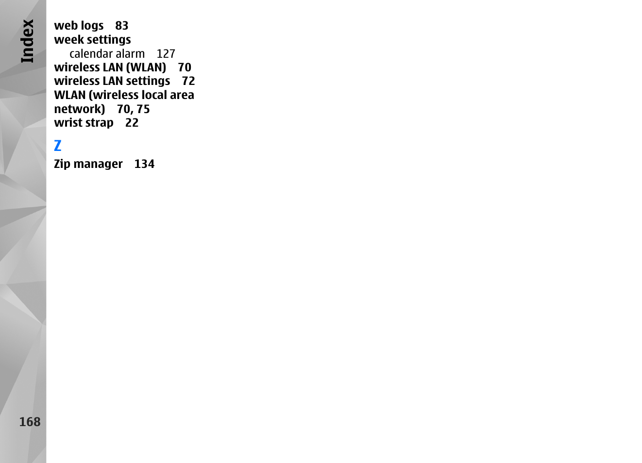 Index | Nokia N97 User Manual | Page 168 / 357
