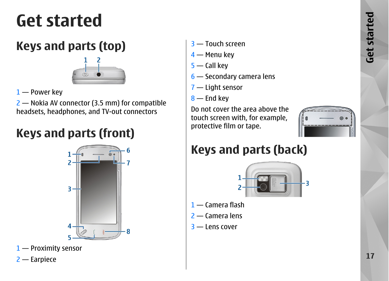 Get started, Keys and parts (top), Keys and parts (front) | Keys and parts (back) | Nokia N97 User Manual | Page 17 / 357