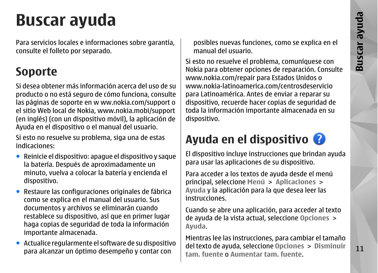 Buscar ayuda, Soporte, Ayuda en el dispositivo | Bu sc ar ay ud a | Nokia N97 User Manual | Page 179 / 357