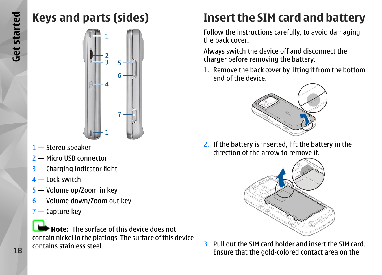 Keys and parts (sides), Insert the sim card and battery, Get started | Nokia N97 User Manual | Page 18 / 357