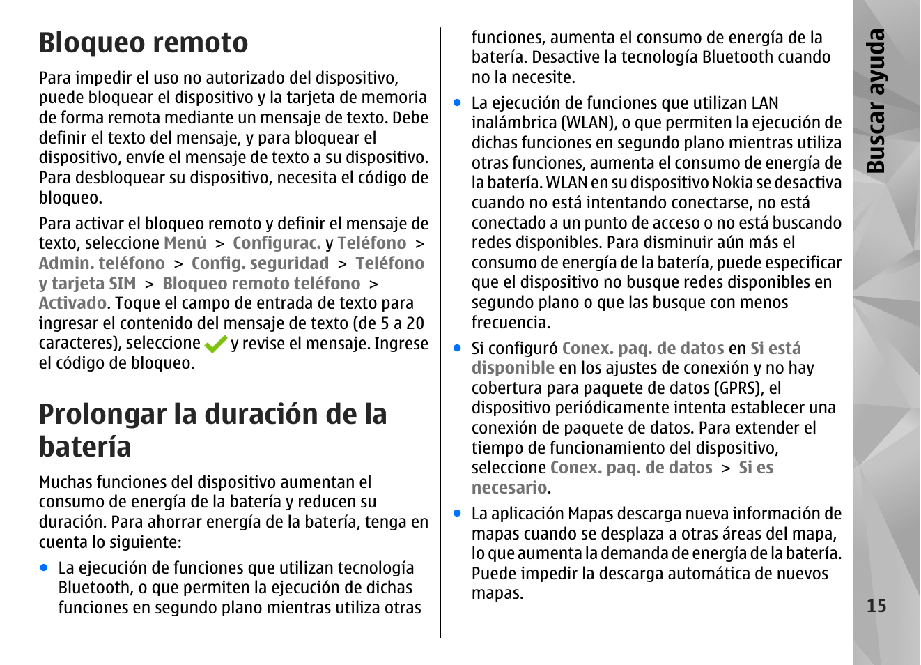 Bloqueo remoto, Prolongar la duración de la batería, Bu sc ar ay ud a | Nokia N97 User Manual | Page 183 / 357