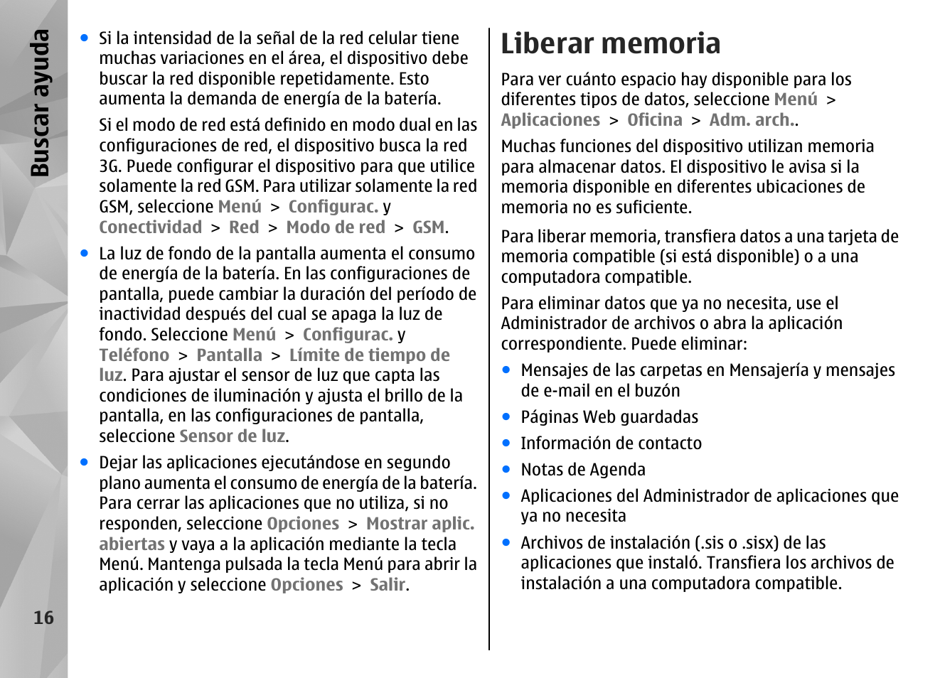 Liberar memoria, Bu sc ar ay ud a | Nokia N97 User Manual | Page 184 / 357