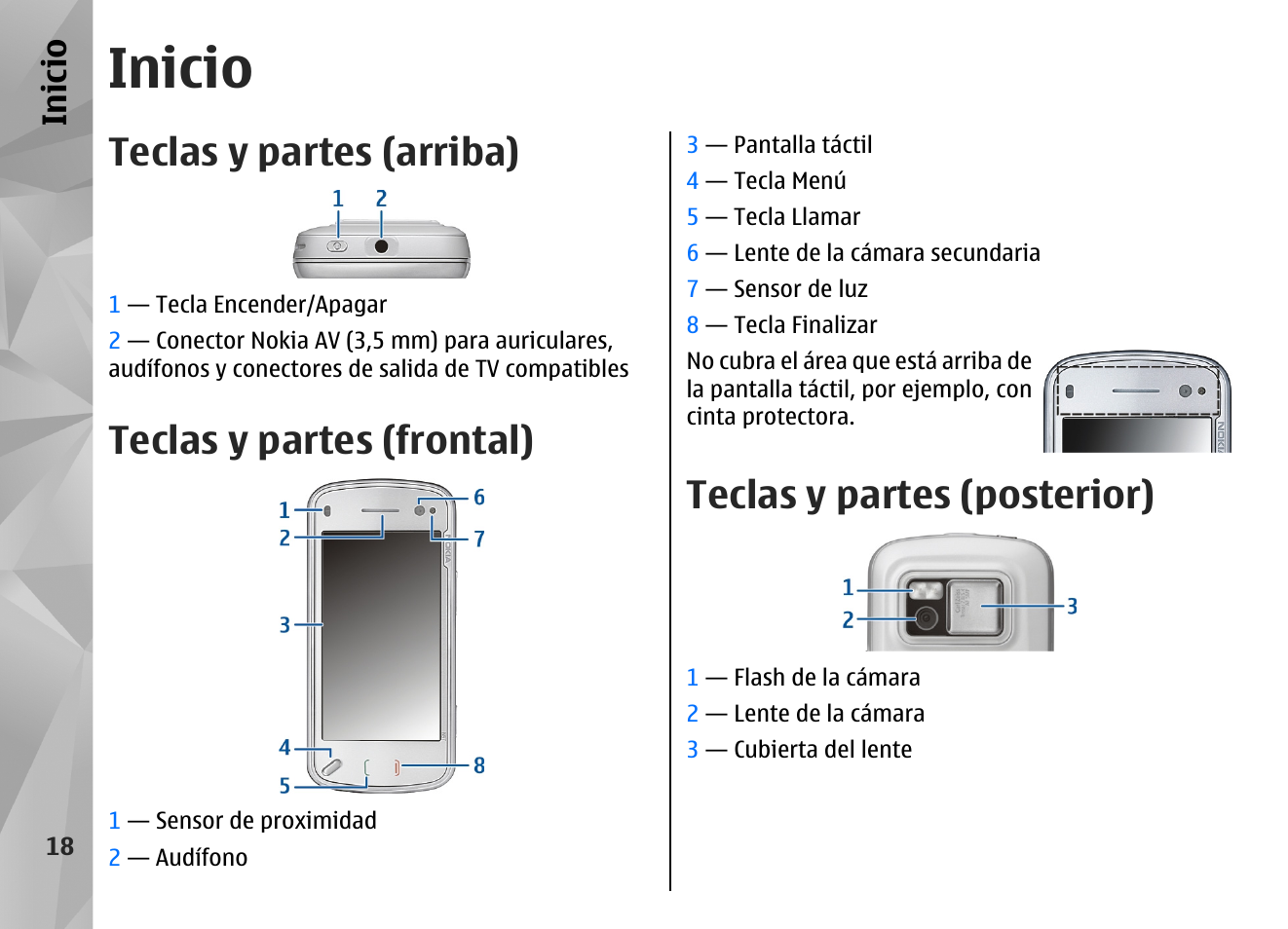 Inicio, Teclas y partes (arriba), Teclas y partes (frontal) | Teclas y partes (posterior) | Nokia N97 User Manual | Page 186 / 357