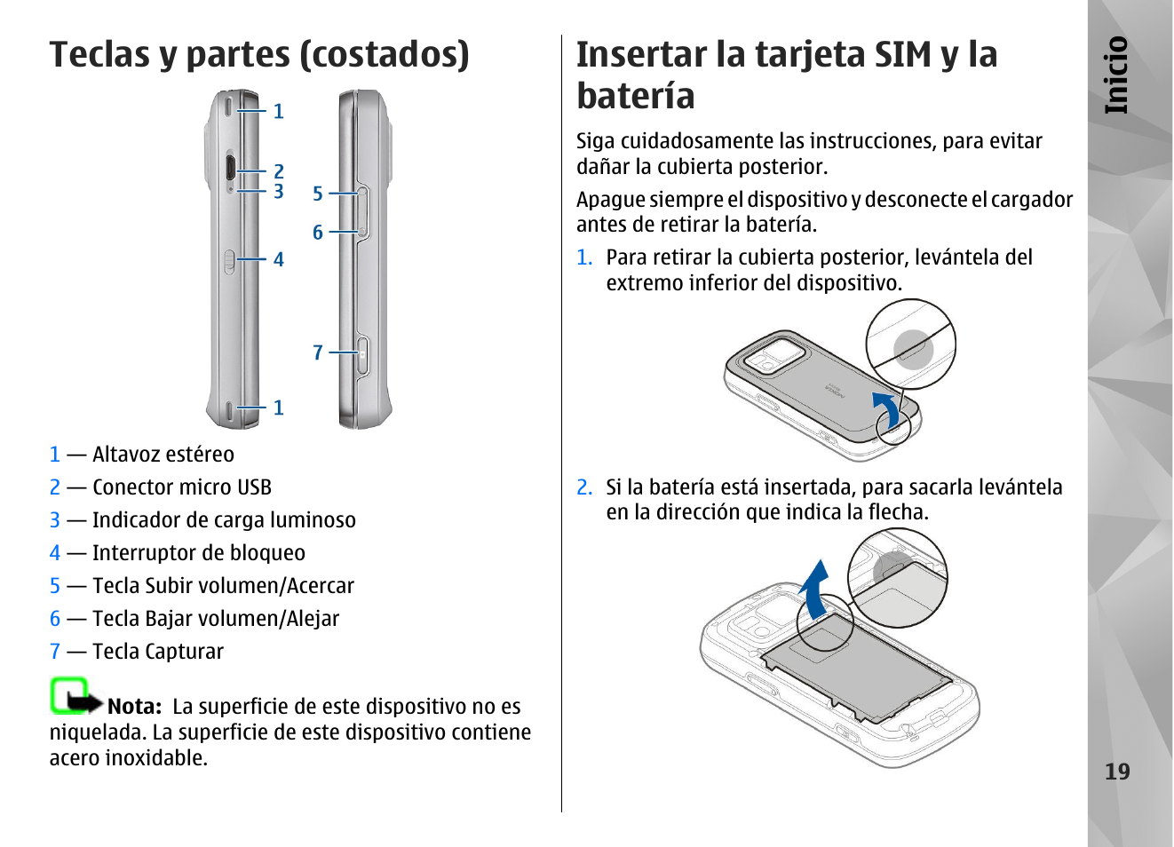 Teclas y partes (costados), Insertar la tarjeta sim y la batería, Inicio | Nokia N97 User Manual | Page 187 / 357