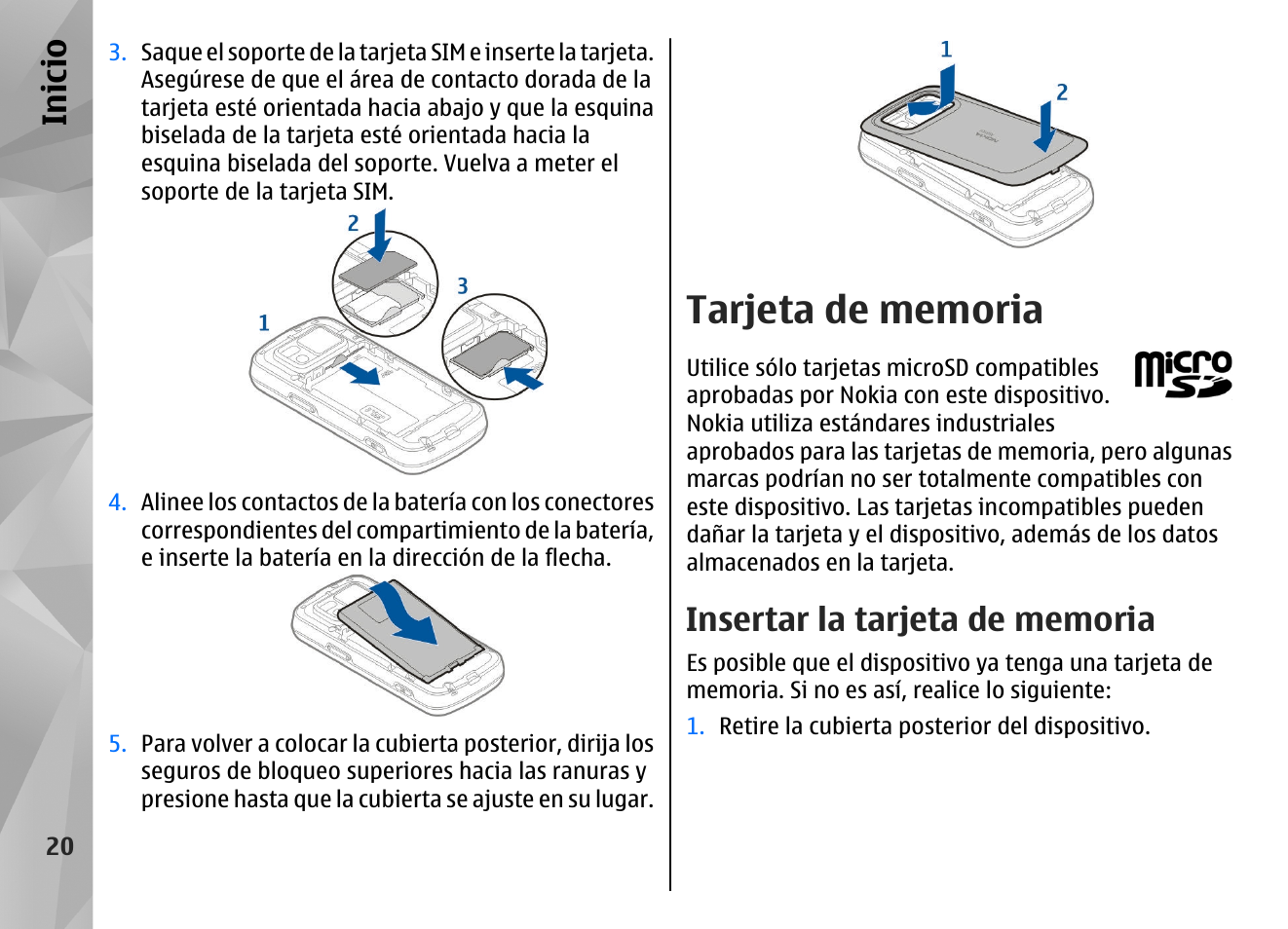 Tarjeta de memoria, Insertar la tarjeta de memoria, Inicio | Nokia N97 User Manual | Page 188 / 357