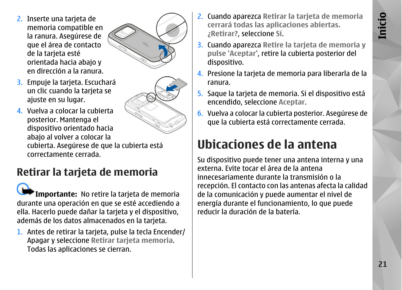 Retirar la tarjeta de memoria, Ubicaciones de la antena, Inicio | Nokia N97 User Manual | Page 189 / 357