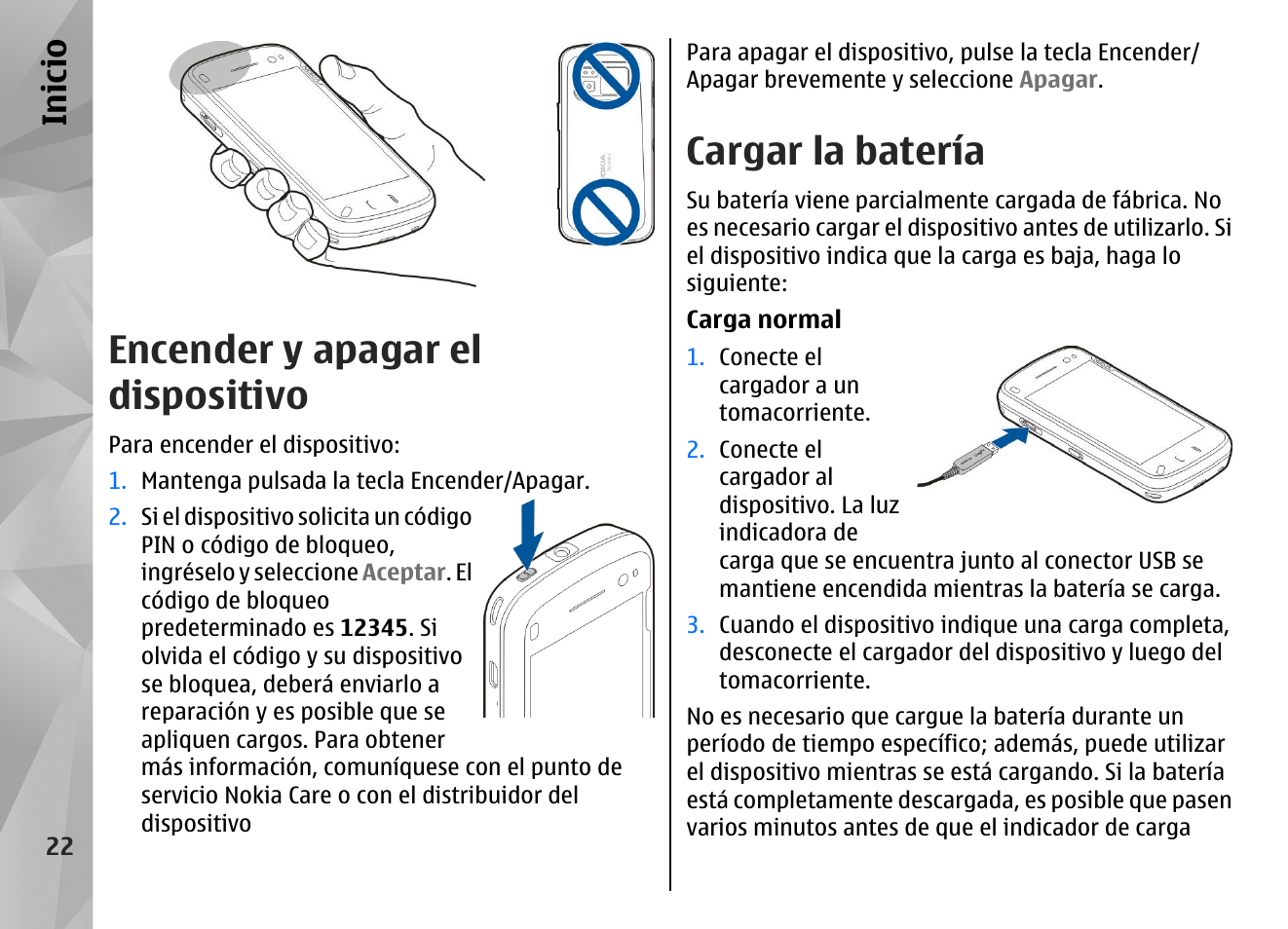 Encender y apagar el dispositivo, Cargar la batería, Inicio | Nokia N97 User Manual | Page 190 / 357