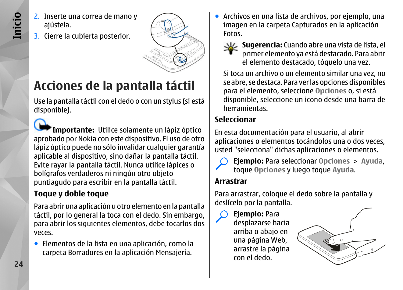 Acciones de la pantalla táctil, Inicio | Nokia N97 User Manual | Page 192 / 357
