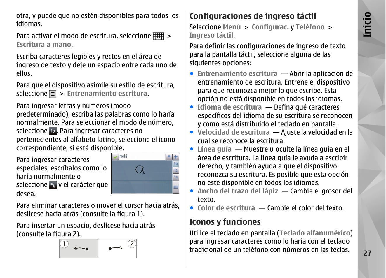Configuraciones de ingreso táctil, Iconos y funciones, Inicio | Nokia N97 User Manual | Page 195 / 357