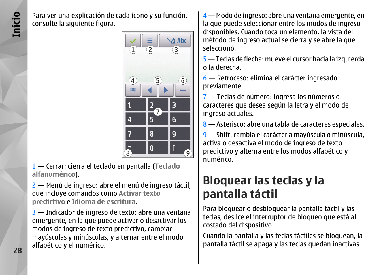 Bloquear las teclas y la pantalla táctil, Inicio | Nokia N97 User Manual | Page 196 / 357