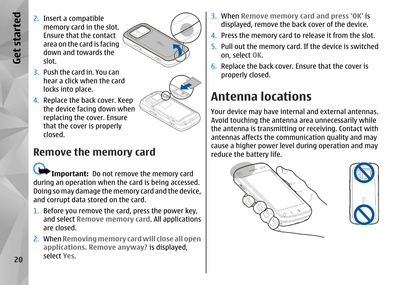Remove the memory card, Antenna locations, Get started | Nokia N97 User Manual | Page 20 / 357