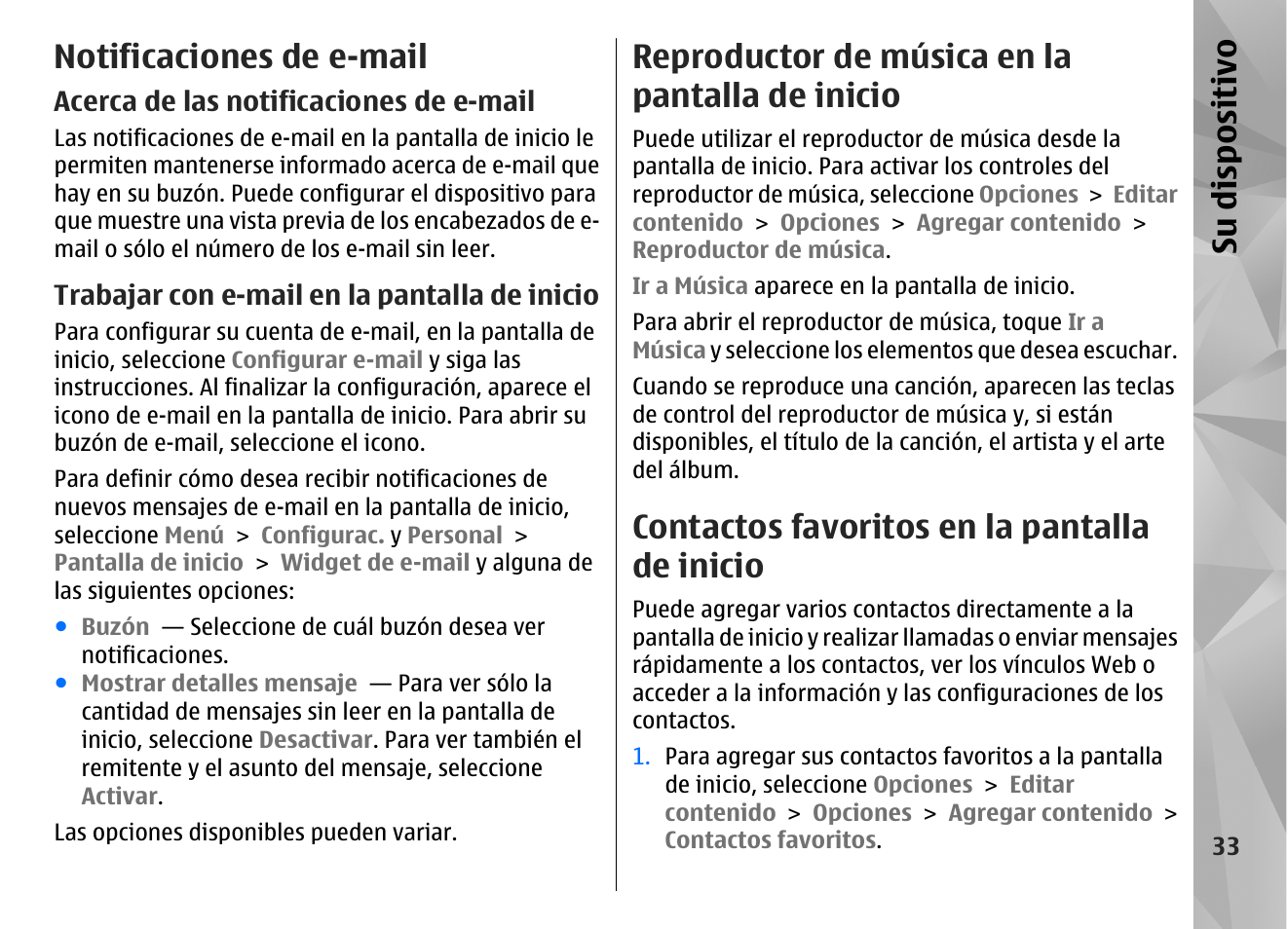 Notificaciones de e-mail, Acerca de las notificaciones de e-mail, Trabajar con e-mail en la pantalla de inicio | Reproductor de música en la pantalla de inicio, Contactos favoritos en la pantalla de inicio, Su dis pos itivo | Nokia N97 User Manual | Page 201 / 357