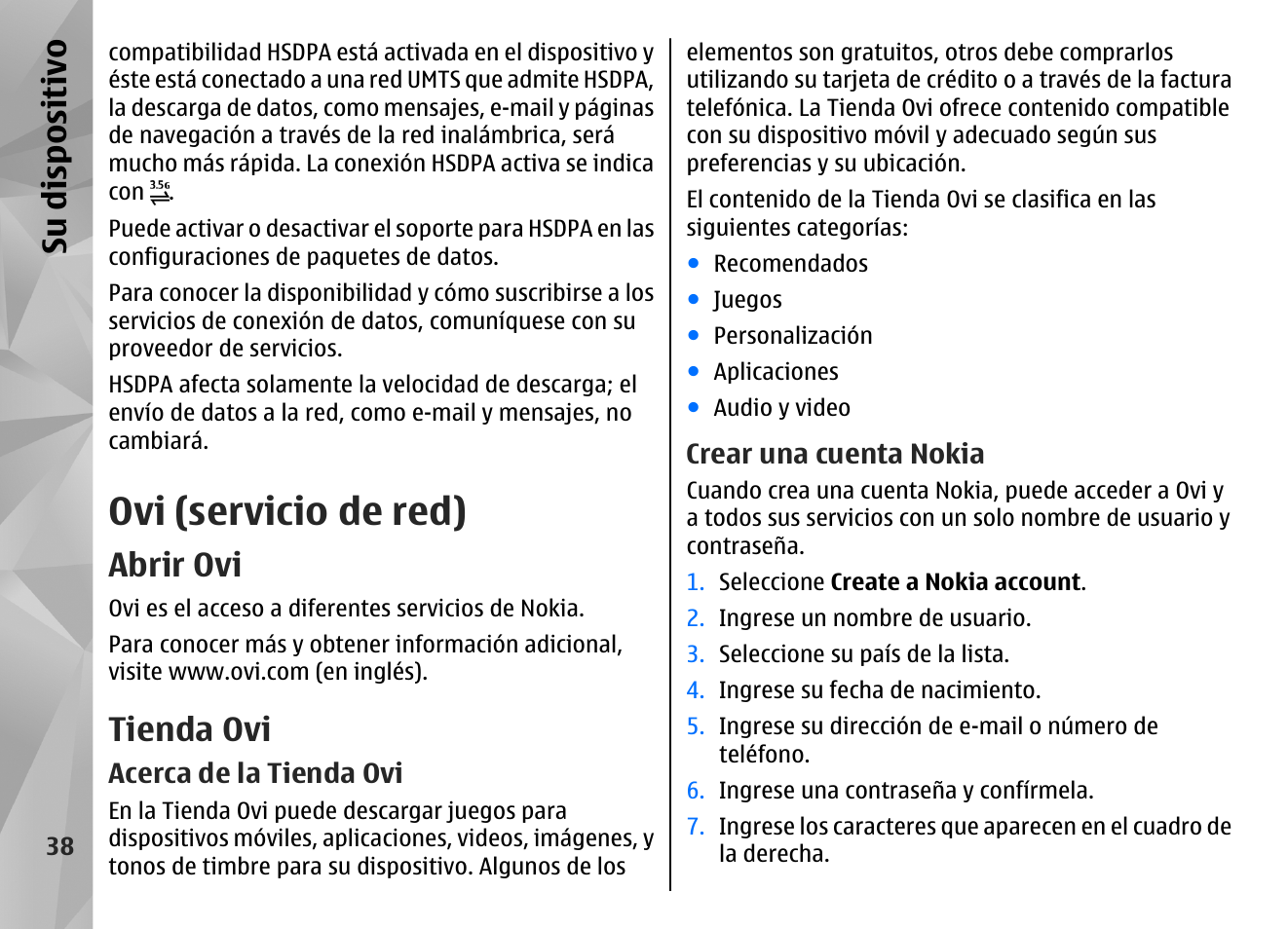 Ovi (servicio de red), Abrir ovi, Tienda ovi | Acerca de la tienda ovi, Crear una cuenta nokia, Su dis pos itivo | Nokia N97 User Manual | Page 206 / 357