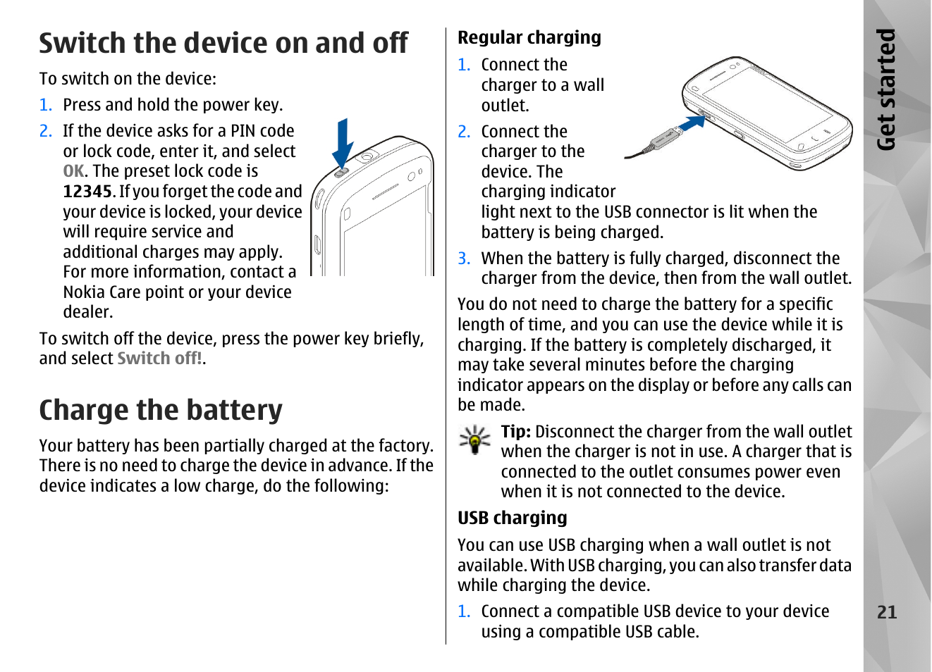 Switch the device on and off, Charge the battery, Get started | Nokia N97 User Manual | Page 21 / 357