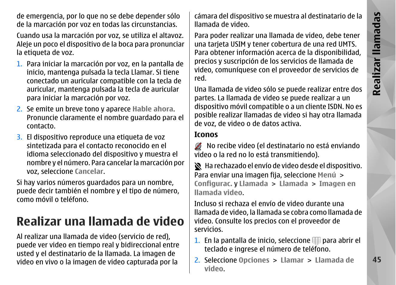 Realizar una llamada de video, Realizar llamadas | Nokia N97 User Manual | Page 213 / 357