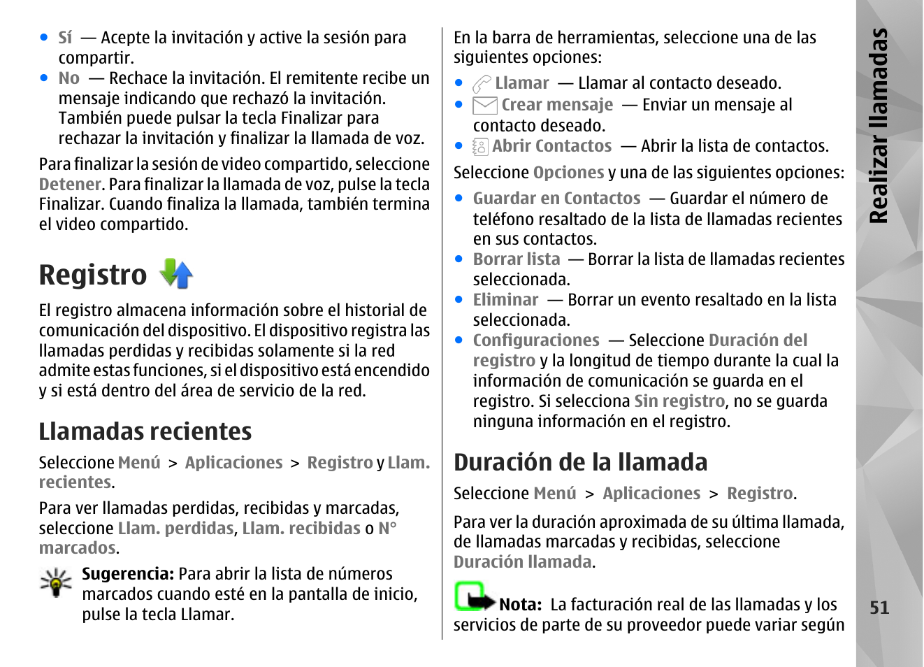 Registro, Llamadas recientes, Duración de la llamada | Realizar llamadas | Nokia N97 User Manual | Page 219 / 357