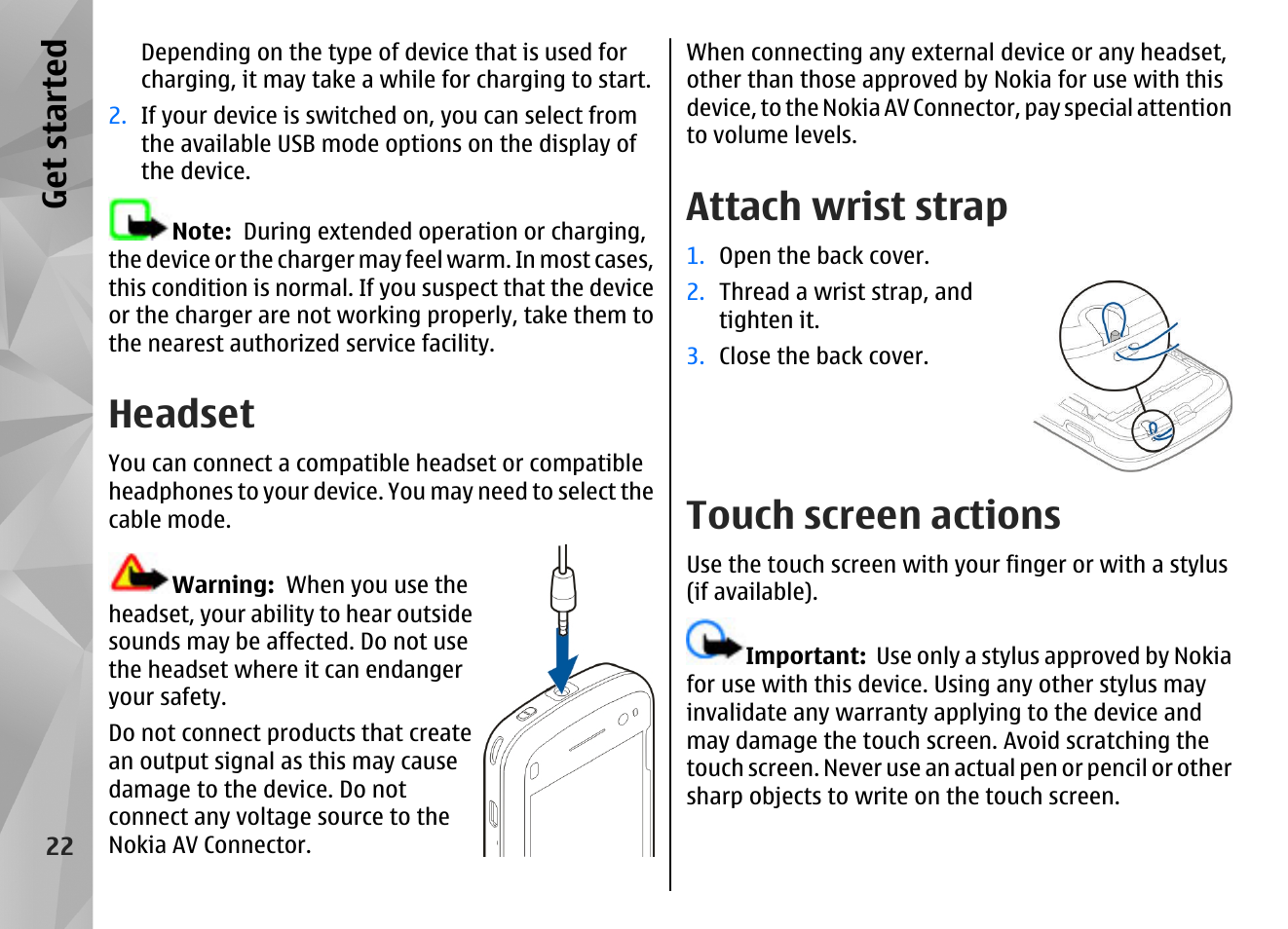 Headset, Attach wrist strap, Touch screen actions | Get started | Nokia N97 User Manual | Page 22 / 357