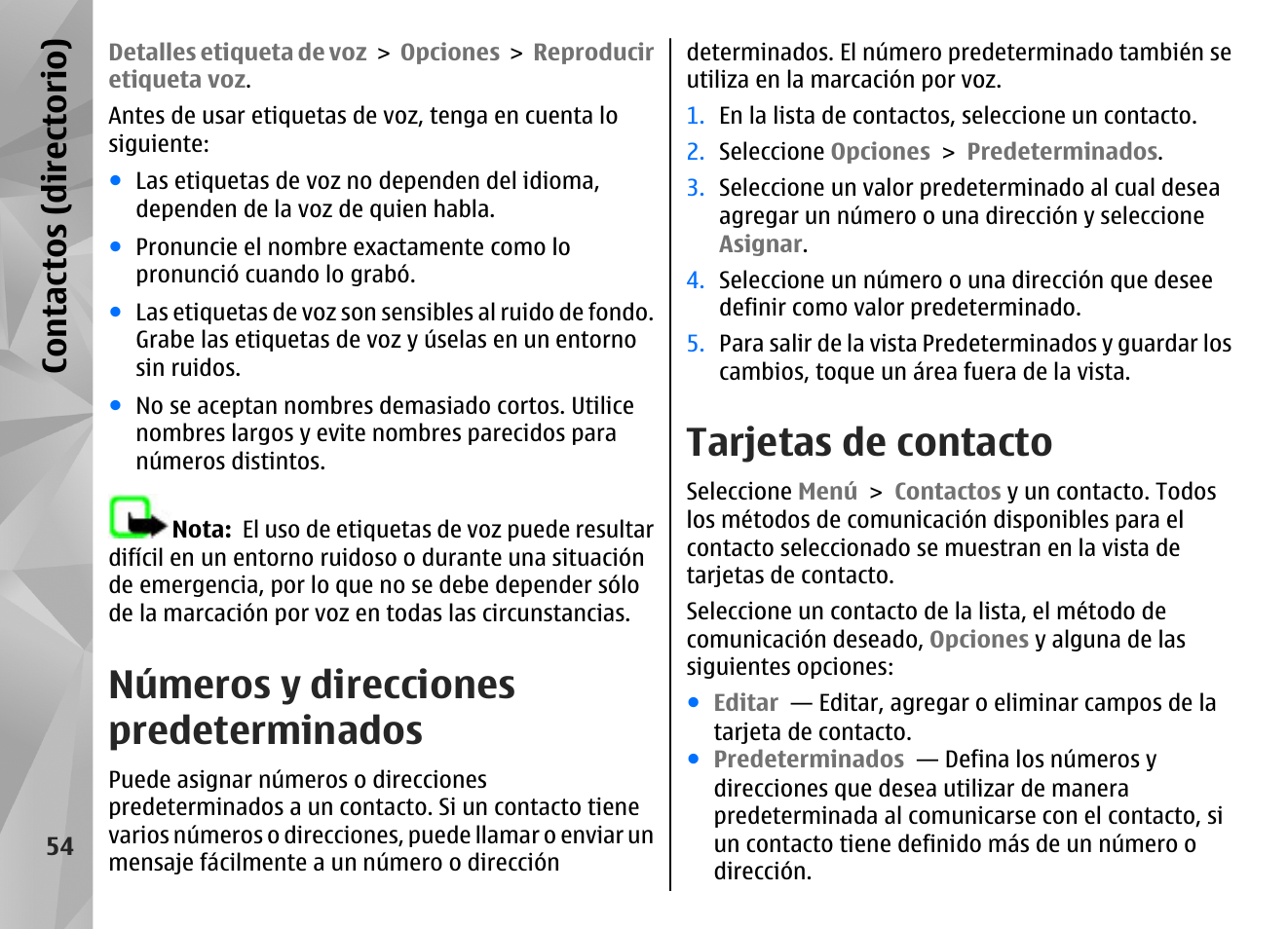 Números y direcciones predeterminados, Tarjetas de contacto, Con tac tos (d irec tori o) | Nokia N97 User Manual | Page 222 / 357