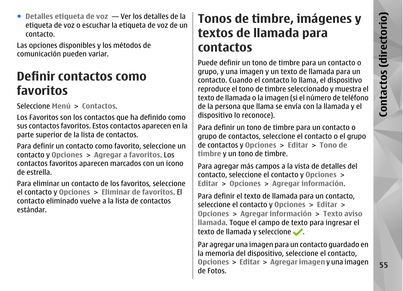 Definir contactos como favoritos, Tonos de timbre, imágenes y textos de llamada para, Contactos | Con tac tos (d irec tori o) | Nokia N97 User Manual | Page 223 / 357