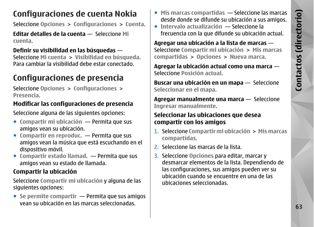 Configuraciones de cuenta nokia, Configuraciones de presencia, Con tac tos (d irec tori o) | Nokia N97 User Manual | Page 231 / 357