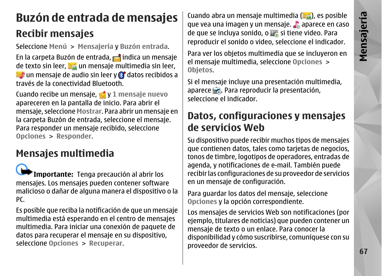 Buzón de entrada de mensajes, Recibir mensajes, Mensajes multimedia | Datos, configuraciones y mensajes de servicios web, Mensajería | Nokia N97 User Manual | Page 235 / 357