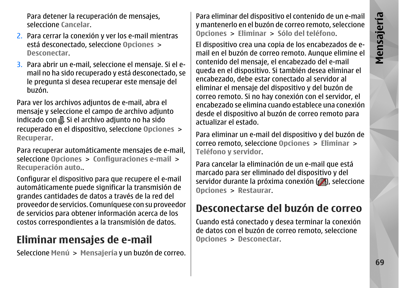 Eliminar mensajes de e-mail, Desconectarse del buzón de correo, Mensajería | Nokia N97 User Manual | Page 237 / 357