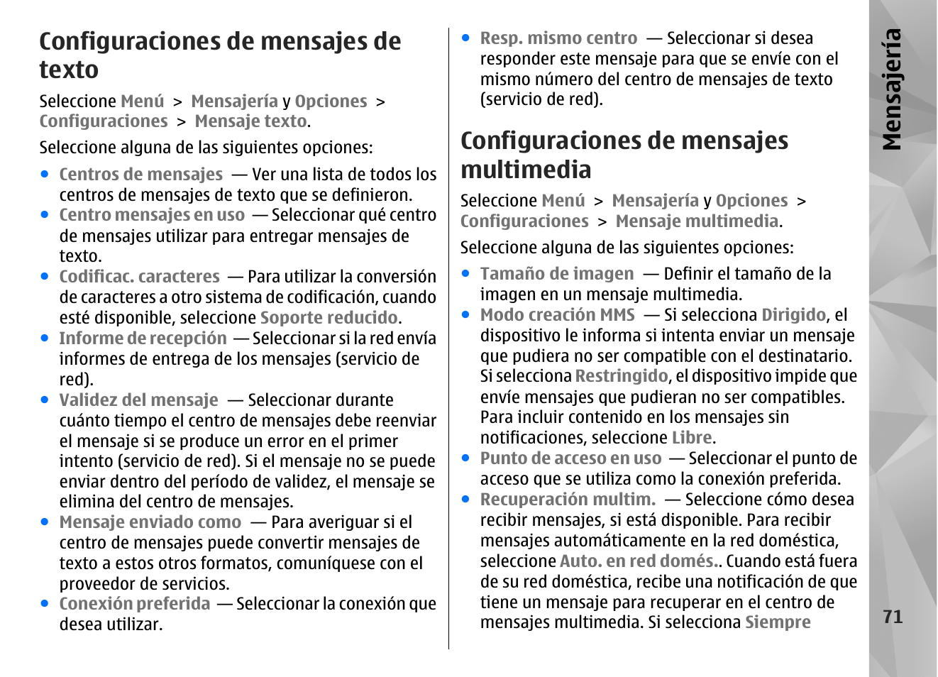 Configuraciones de mensajes de texto, Configuraciones de mensajes multimedia, Mensajería | Nokia N97 User Manual | Page 239 / 357