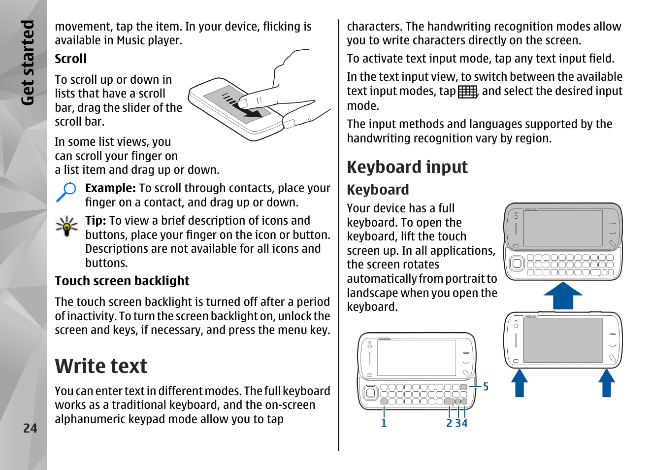 Write text, Keyboard input, Keyboard | Get started | Nokia N97 User Manual | Page 24 / 357