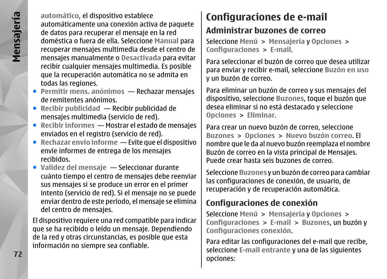 Configuraciones de e-mail, Administrar buzones de correo, Configuraciones de conexión | Mensajería | Nokia N97 User Manual | Page 240 / 357