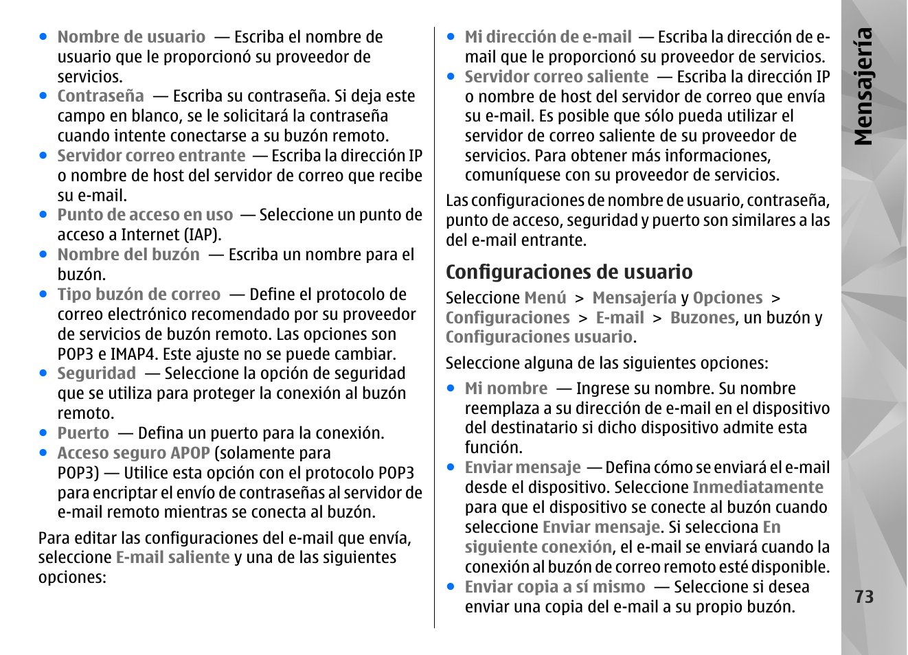 Configuraciones de usuario, Mensajería | Nokia N97 User Manual | Page 241 / 357