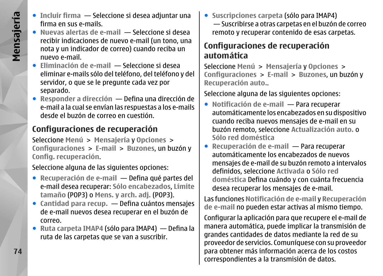 Configuraciones de recuperación, Configuraciones de recuperación automática, Mensajería | Nokia N97 User Manual | Page 242 / 357