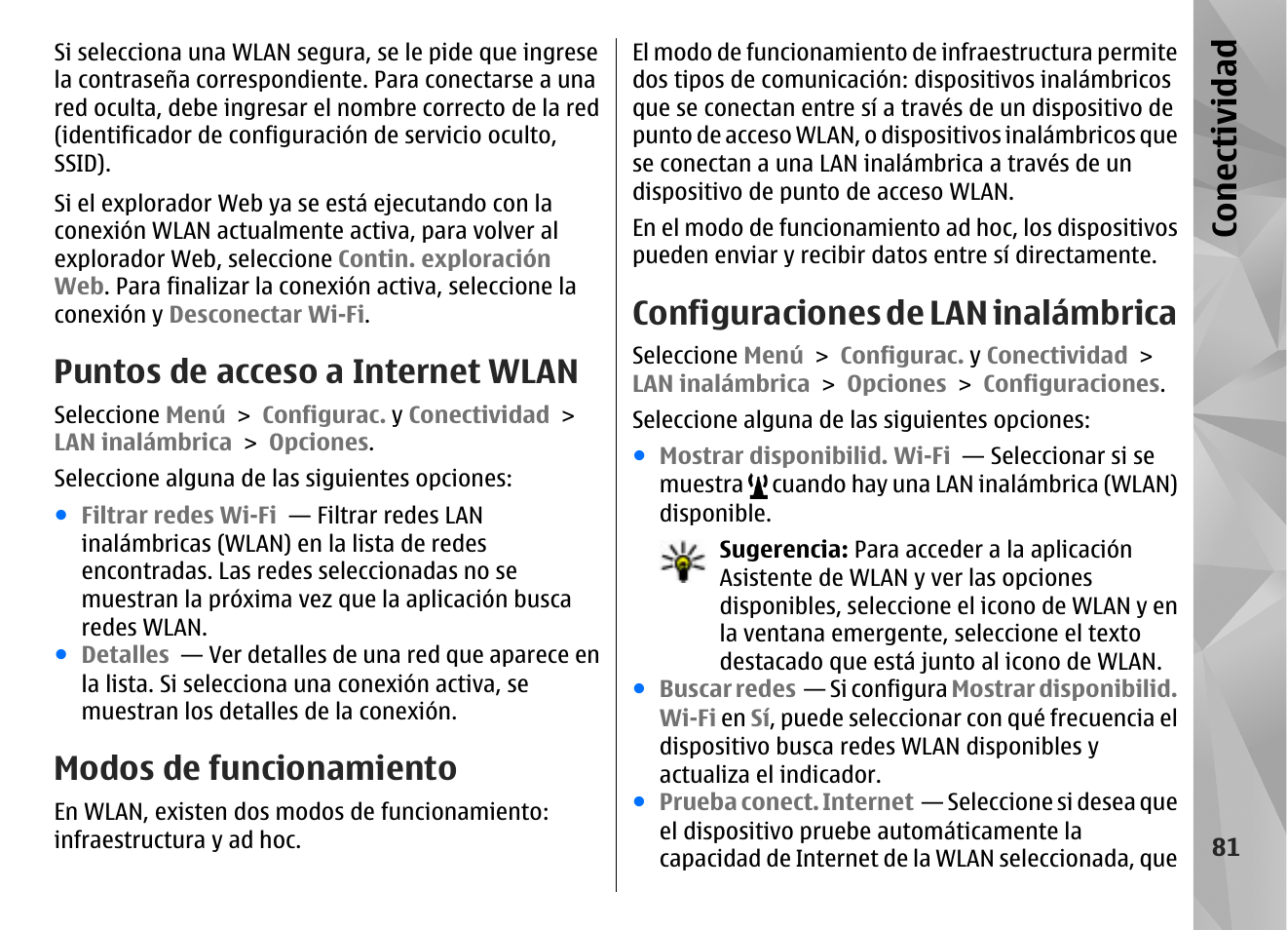 Puntos de acceso a internet wlan, Modos de funcionamiento, Configuraciones de lan inalámbrica | Con ectividad | Nokia N97 User Manual | Page 249 / 357