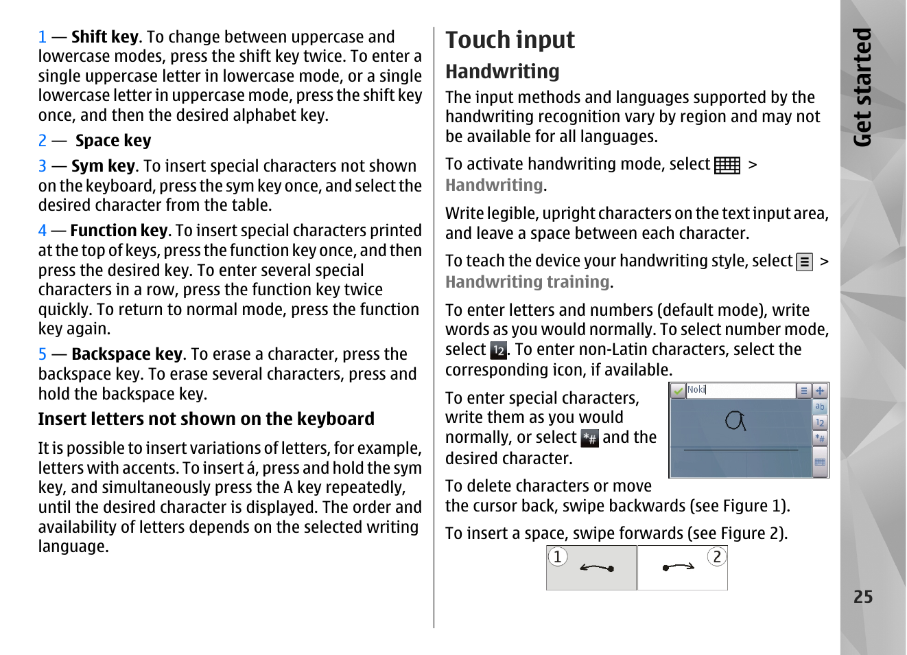 Touch input, Handwriting, Get started | Nokia N97 User Manual | Page 25 / 357