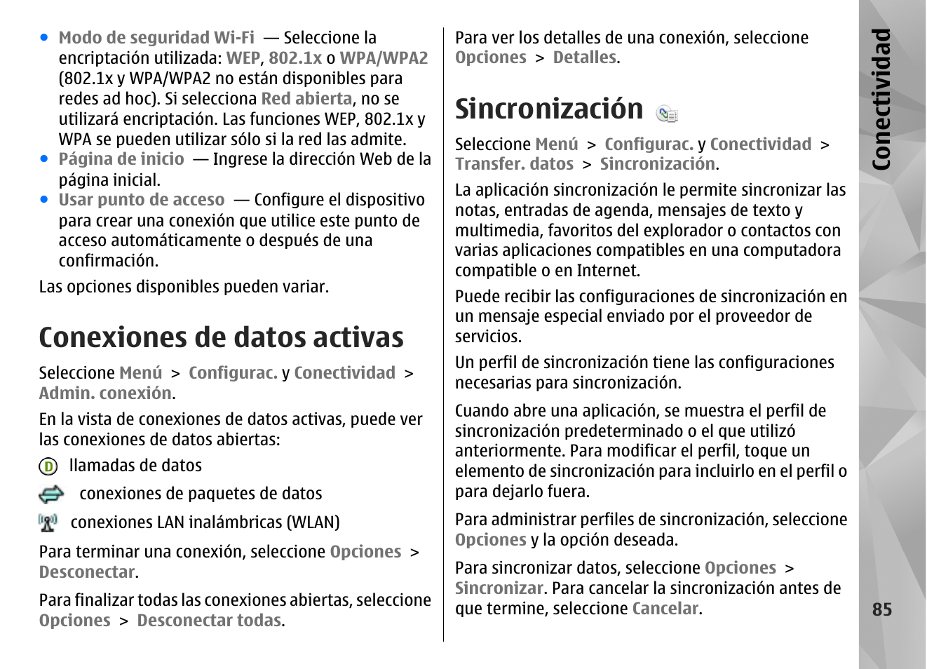 Conexiones de datos activas, Sincronización, Con ectividad | Nokia N97 User Manual | Page 253 / 357