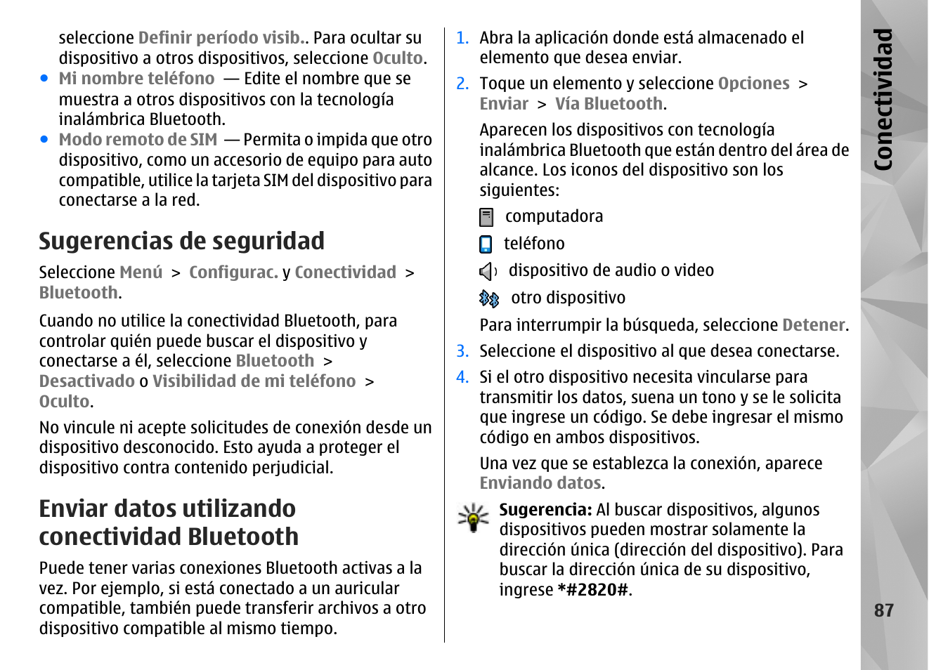 Sugerencias de seguridad, Enviar datos utilizando conectividad bluetooth, Con ectividad | Nokia N97 User Manual | Page 255 / 357