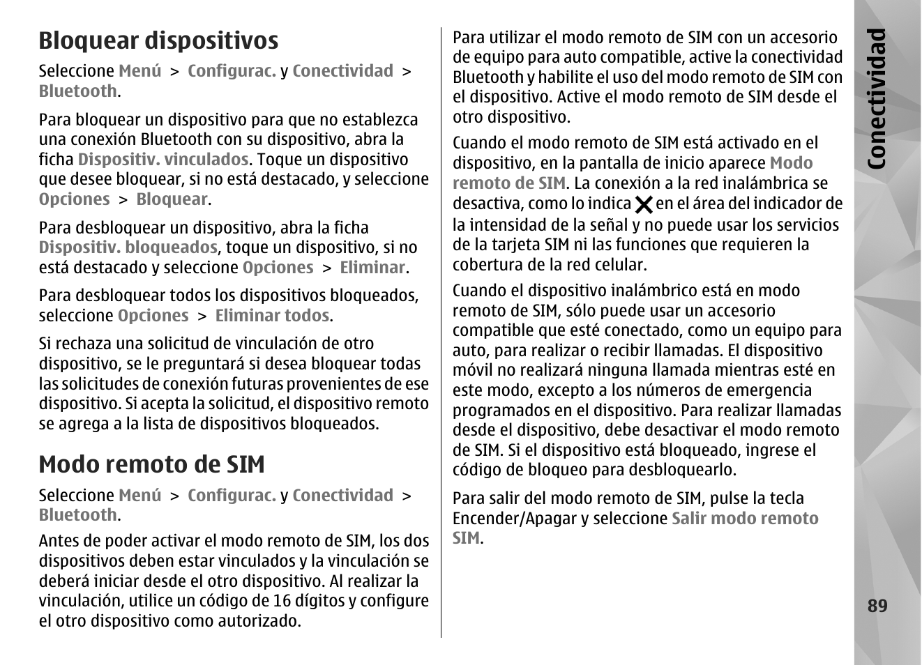 Bloquear dispositivos, Modo remoto de sim, Con ectividad | Nokia N97 User Manual | Page 257 / 357
