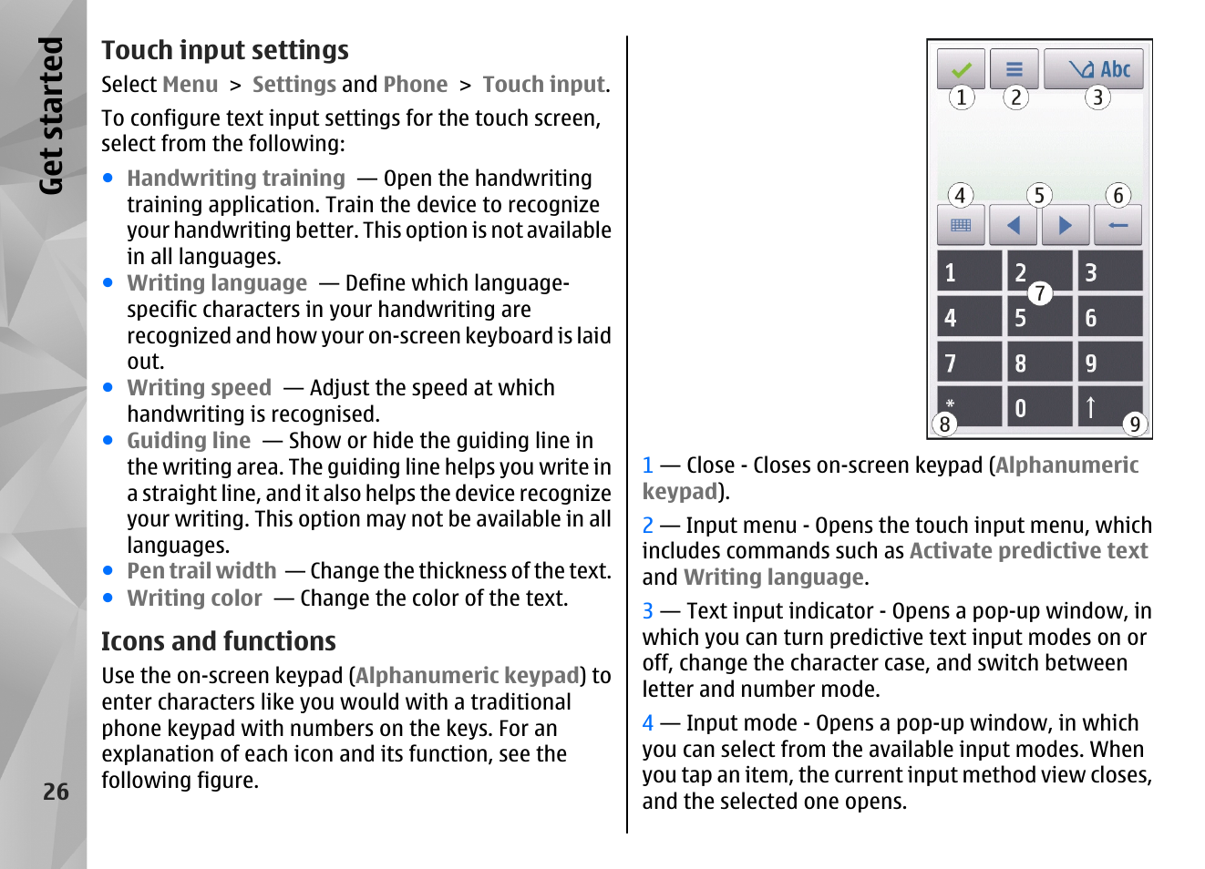 Touch input settings, Icons and functions, Get started | Nokia N97 User Manual | Page 26 / 357