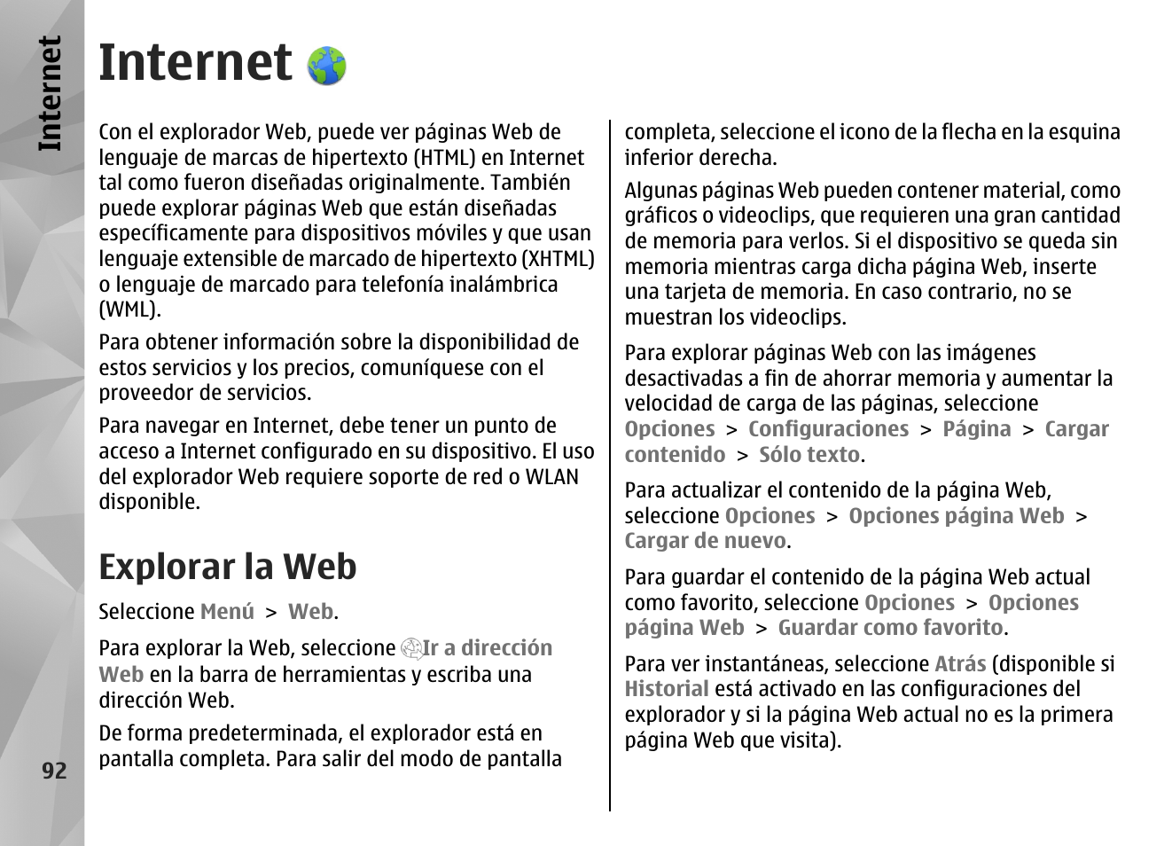 Internet, Explorar la web | Nokia N97 User Manual | Page 260 / 357