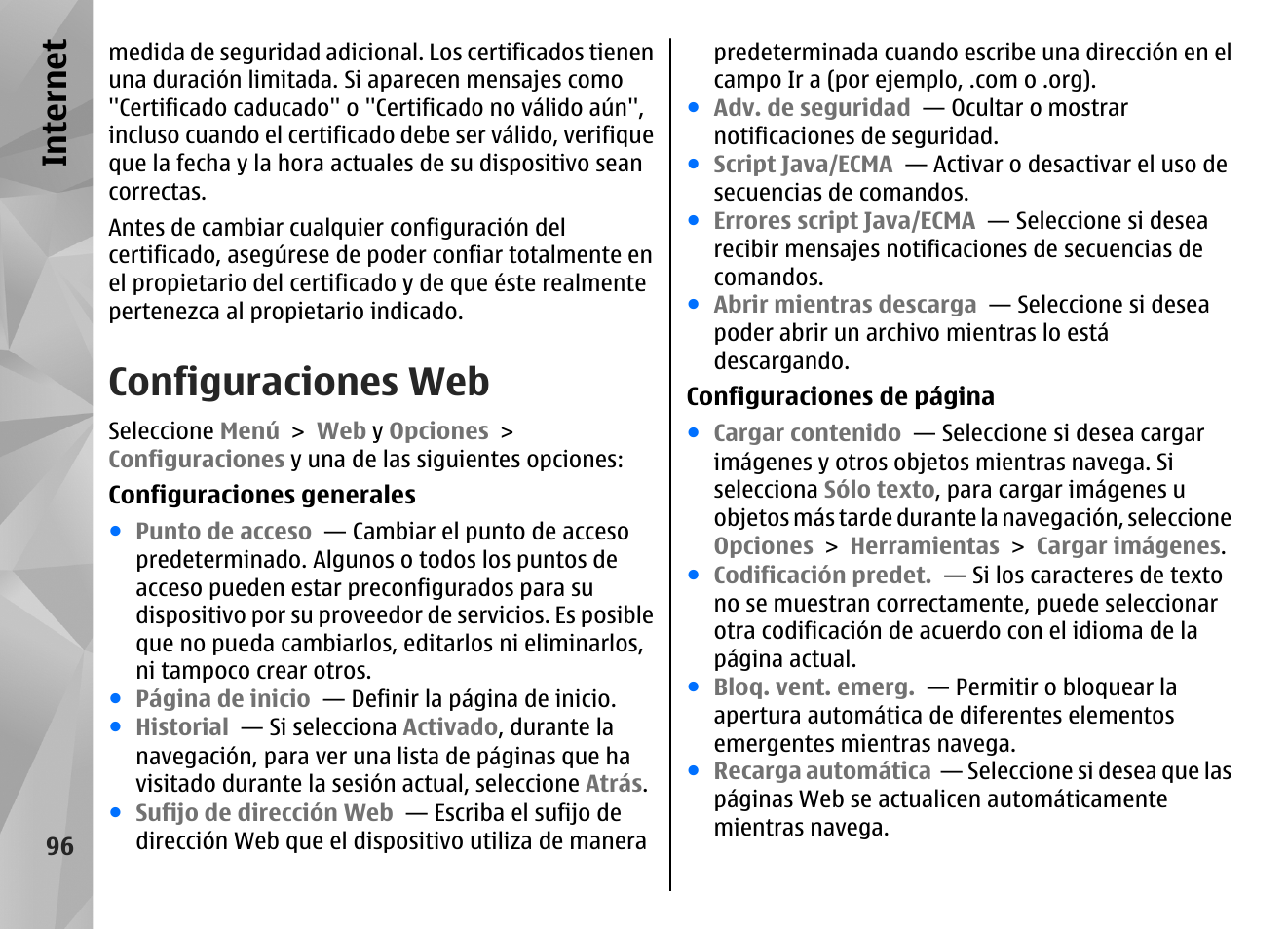 Configuraciones web, Internet | Nokia N97 User Manual | Page 264 / 357