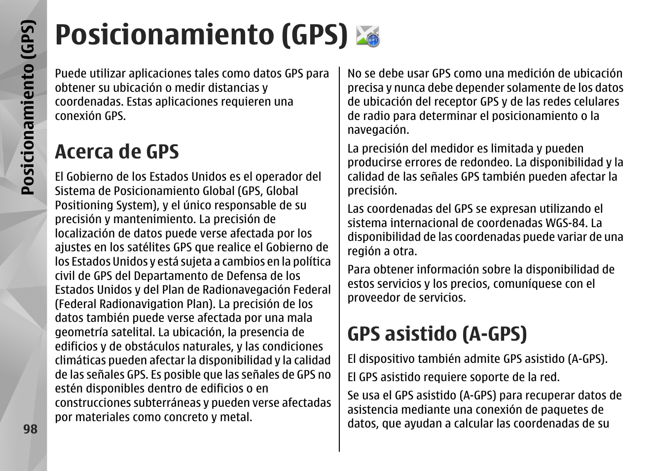 Posicionamiento (gps), Acerca de gps, Gps asistido (a-gps) | Nokia N97 User Manual | Page 266 / 357