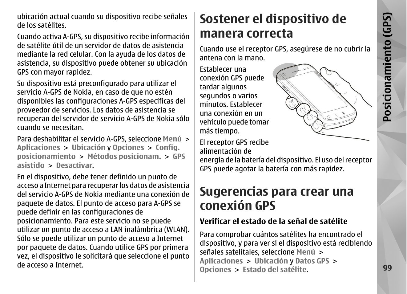 Sostener el dispositivo de manera correcta, Sugerencias para crear una conexión gps, Posicionamiento (gps) | Nokia N97 User Manual | Page 267 / 357
